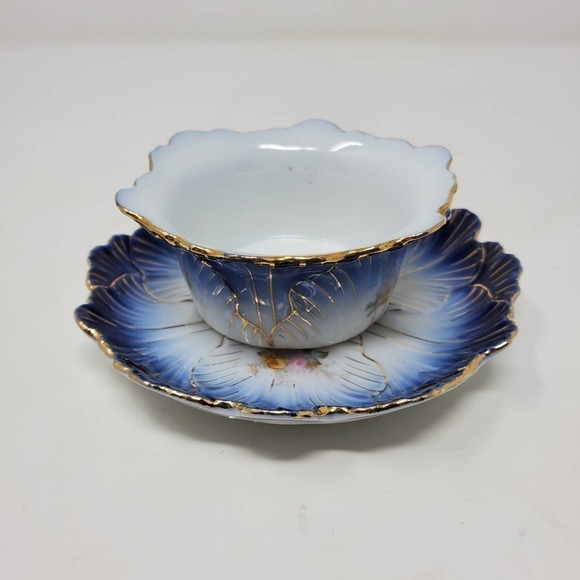 37. Antique Victoria LS&S Carlsbad Austria Flow Blue Bowl Ramekin and Saucer Set - Picture 1 of 12